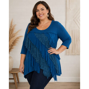 One World Womens Top 1X Plus Lace Lagenlook Lagom Boho Peasant Fairycore Gypsy